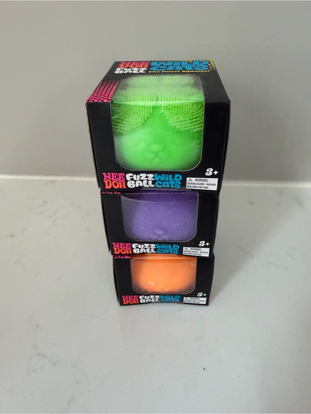 NEW 3X NeeDoh Fuzz Wild Ball Cats Sensory Squeeze Balls - Green, Purple, Orange